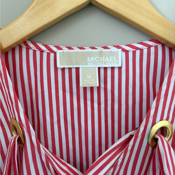 Michael Kors Red and White Bell Sleeve Blouse with Tie Front size Medium - Picture 3 of 5